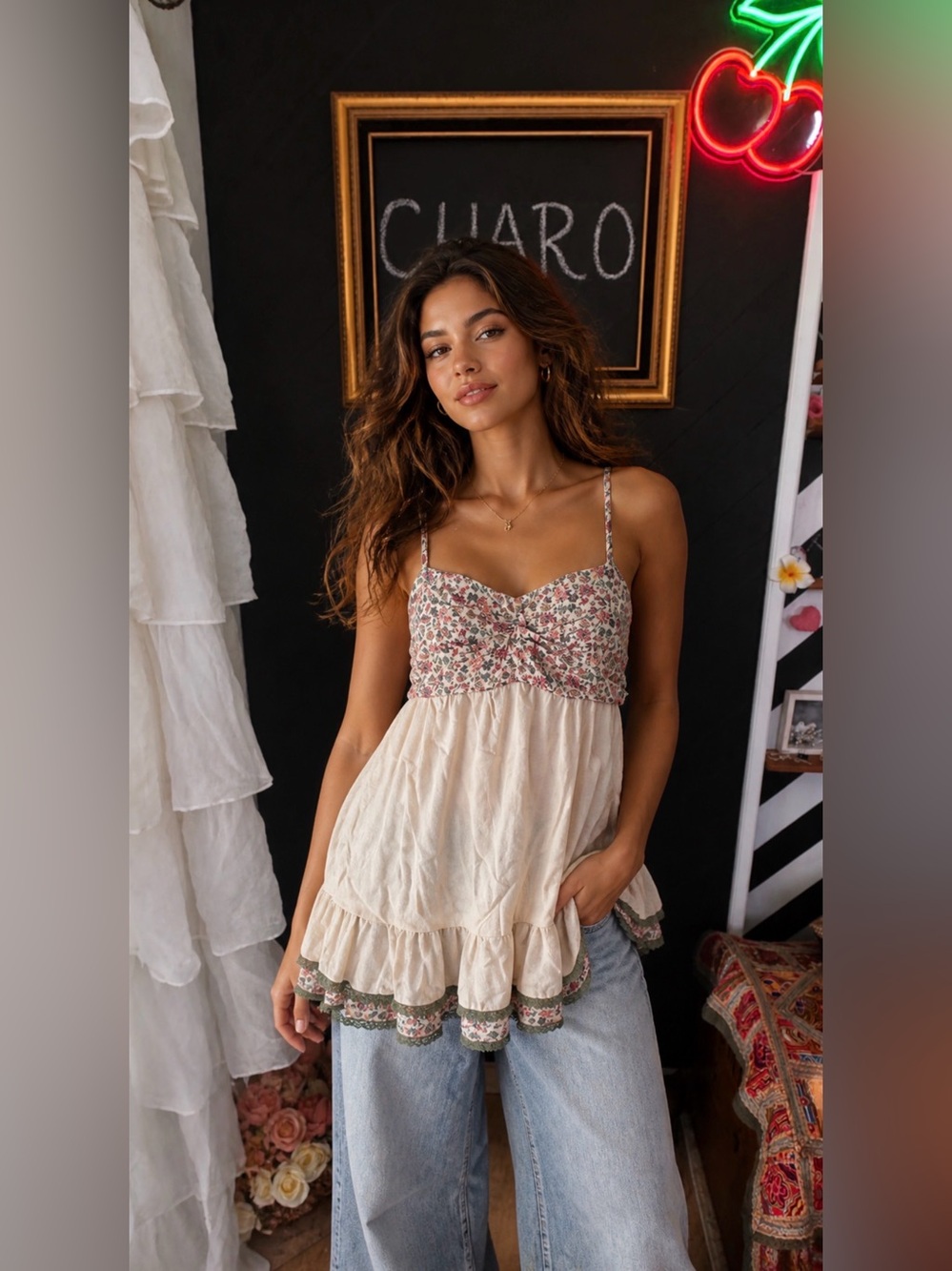 Rhapsodielle Floral Print Lace Trim Ruffle Cami Top Size Large